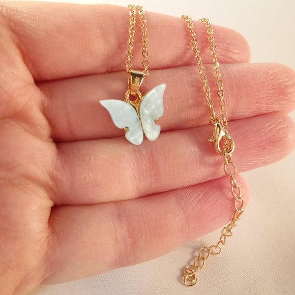 Gold Plated Blue Opal Resin Butterfly Pendant Chain Necklace 18" Party Gift - Picture 1 of 3
